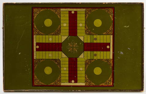 Large Early Double-Sided Gameboard: Double-sided Checkers and Parcheesi gameboard in green, black, and red paint over a grey base. Parcheesi board with gold paint embellishments. American, late 19th century. H 21 in. W 33 in.&nbsp; Cond