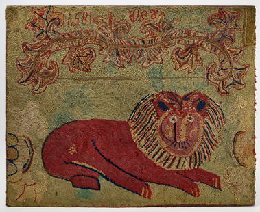 Hooked Rug  With Lion: Hooked rug with lion.&nbsp;Initialed and dated. American,&nbsp;1857. H 34-1/2 in. W 43 in. Condition: Minor imperfections no damage noted. Link for high-res images:&nbsp;https://www.dropbox.com/scl/fo