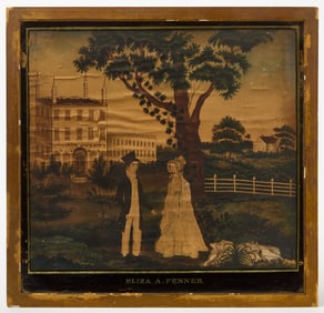 Eliza A. Fenner - Folk Art Watercolor of a Couple at a Country Estate