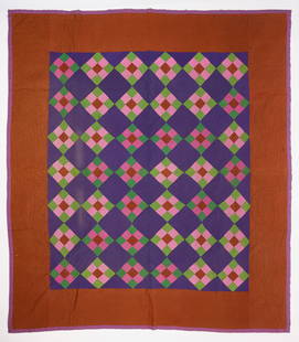Lancaster County Amish Quilt: Lancaster county 4-patch Amish quilt. Wool, with geometric pattern of alternating squares in contrasting colors. American, early 20th century. L 86-3/4 in. W 76-1/2 in. Condition: Minor imperfections