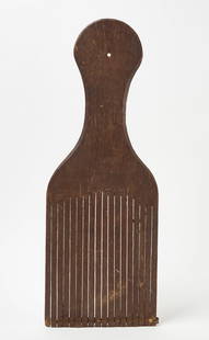 Tape Loom: Tape Loom. Carved oak and leather. New London (Connecticut), 18th century. L 28 in. W 10-1/4 in. Condition: Some wear/loss near one end. Surface imperfections and minor abrasions as expected. See
