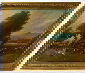 Wesley Webber - Homestead with Farm Animals: Wesley Webber (American, 1841-1914) - depiction of a homestead with farm animals out front. Oil on canvas in period frame. American, late 19th century. Frame: H 31-1/2 in. W 36-1/4 in. Canvas: H 24-1/