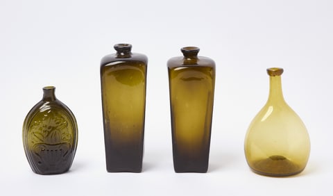 Cornucopia Flask, Chestnut Bottle, and Two Case Gin Bottles