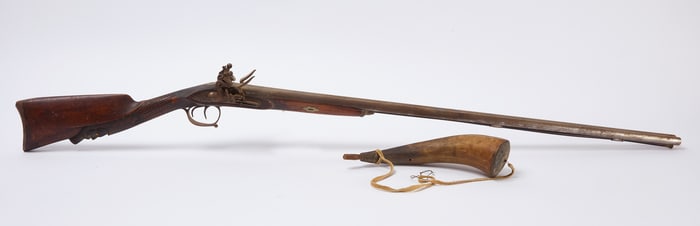 Double-Barrel Firearm with Carving and Powder Horn