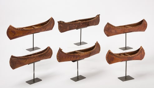 Group of Six Native American Birch Bark Canoe Models