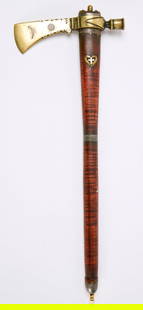 Tomahawk Peace Pipe with Sun and Moon: Tomahawk peace pipe with sun and moon. Brass with figured maple and lead inlaid haft. Hallmarked&nbsp;P below crown.&nbsp;H 2-3/8 in. W 7-5/8 in. Condition: Excellent condition. Link for high-res imag