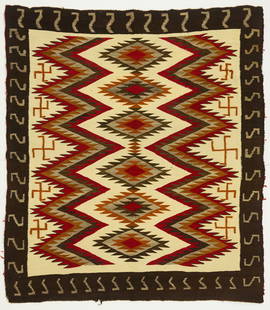 Navajo Rug: Navajo&nbsp;rug with whirling logs.&nbsp;North America, circa&nbsp;1920.&nbsp; L 65-3/4 in. W 58-3/4 in. Condition: Minor imperfections. Link for high-res images: https://www.dropbox.com/scl/fo/0rf91i