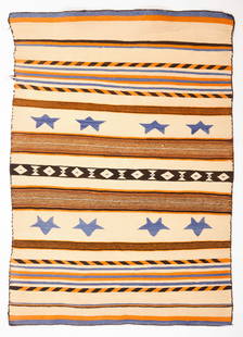 Ladies Wearing Blanket: Navajo Ladies&nbsp;blanket&nbsp; with star pictorial elements . Homespun with aniline and indigo. Southwestern U.S., circa 1900. L 58-1/2 in. W 39 in.&nbsp; Condition: Small pulls and minor wear to ed