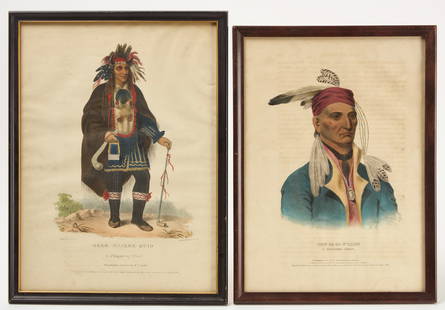 Two Colored Lithographs of Chippeway Chiefs: Two colored lithographs of Chippewa&nbsp;Chiefs. The first, &#39;Okee-Maakee-Quid&#39; full length portrait by Lehman &amp; Duval Lithograph Co. The second, a portrait of &#39;Shin-Ga-Ba-W&#39;Ossin&#