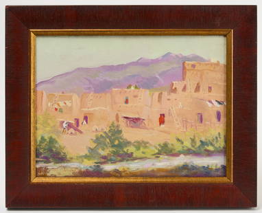 Arthur M. Johnson- Taos Pueblo: Arthur Monrad Johnson (1878-1943), &#39;Taos Pueblo&#39;. Signed LL. Oil on canvas. California, early 20th century. Frame: H 16-1/4 in. W 20-1/4 in. Canvas: H 12 in. W 15 in. Condition: No damage or r