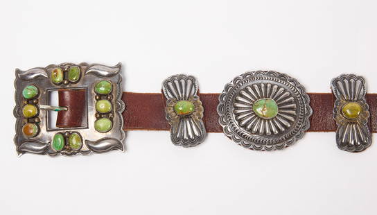 Native American Concho Belt: Concho&nbsp;belt. Sterling with turquoise stones. American, circa 1930. L 39 in. 13.09 ozt (includes leather)&nbsp; Condition: Minor surface imperfections. Overall excellent. Link to high-res images:&