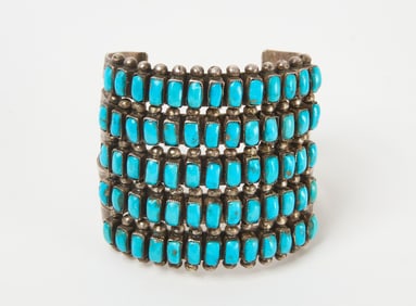Navajo 5-Band Silver and Turquoise Cuff, Signed 'EA'