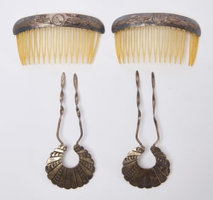 Pair of Navajo Silver and Horn Hair Combs and Pins