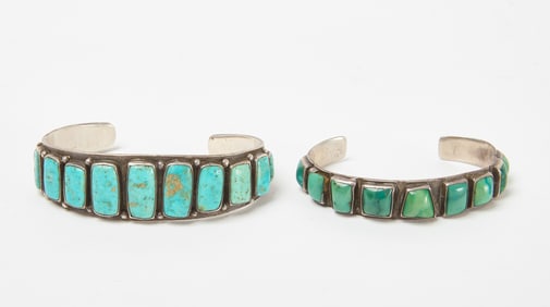 Two Native American Silver Cuffs with Turquoise
