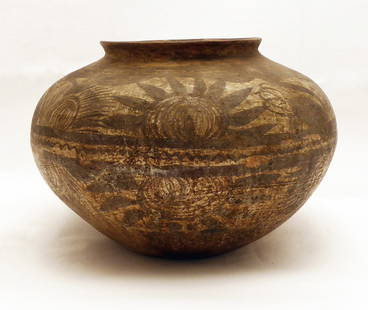 Early Pottery Olla with Sun: Early&nbsp;olla. Concave base and lip around opening. Illustrations on sides depict the sun. South America, 19th century. H 8-1/8 in. W 10-7/8 in.&nbsp;D 10-3/8 in.&nbsp; Condition: Fading to paint. C