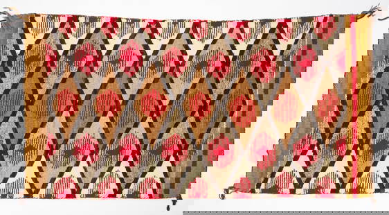 Navajo Woven Rug: Navajo woven rug with diamond motifs. Southwestern U.S., circa 1920. L 28-1/2 in. W 55-1/2 in. Condition: Minor wear from age. Link to high-res images:&nbsp;https://www.dropbox.com/scl/fo/txpy27ogikw0