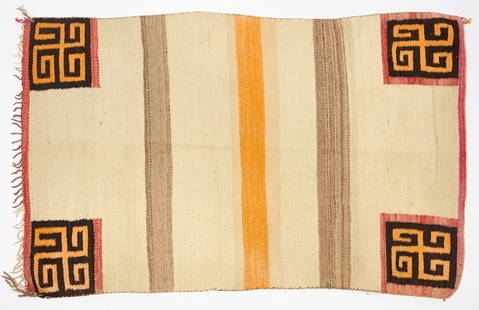 Navajo Double Saddle Blanket with Whirling Logs: Navajo woven double-saddle blanket with whirling log motifs. Southwestern U.S., circa 1920. L 36 in. W 55 in. Condition: Minor wear from age. Overall very good. Some fading to colors. Link to high-res