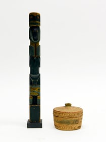 Painted Northwest Coast Mini Totem Pole and Lidded Basket