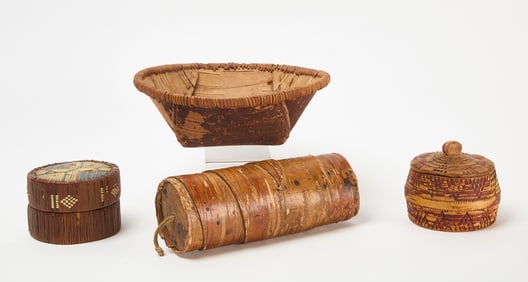 Group of Four Native Birch Bark and Treen Vessels