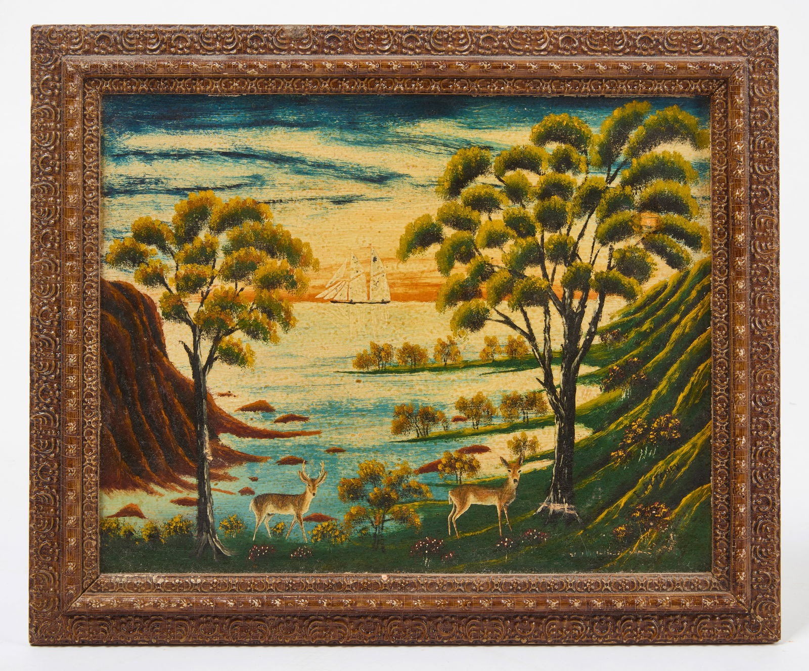 Primitive Painting  with Deer and Sailboat (1 of 2)