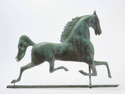 Horse Weathervane: Horse weathervane. Full bodied molded copper with a natural verdigris patina. American, circa 1890. H 23 in. W 30 in. Condition: Minor old solder seam repair in areas. Link to high-res images: https:/
