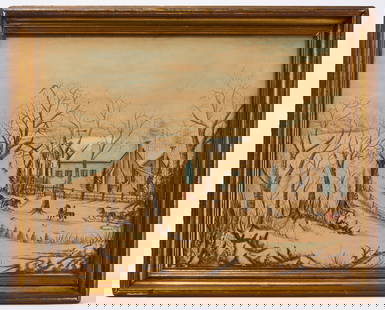 Scenes of my Childhood, Winter Scene: Winter &#39;Scenes of my Childhood&#39;. Watercolor on paper in period gilt frame. Unsigned (Anonymous). American, mid 19th century. Exhibited: Whitney Museum of Art. Old label retained on backside. F