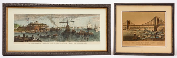 Two New York Lithographs - New York Bay and East River Bridge