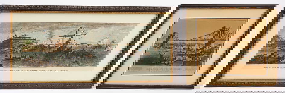 Two New York Lithographs - New York Bay and East River Bridge: Two hand-colored lithographs of New York. One,&nbsp;&#39;The Great East River Bridge&#39;&nbsp;by Curries &amp; Ives. Together with&nbsp;&#39;View of Castle Garden, and New York Bay&#39;&nbsp; -&nbsp;