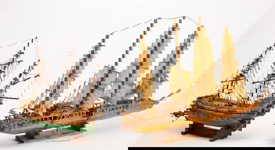 Five Boat Models: 5 models: 3 mechanical motor boats, 2 masted ship models. American, circa 1900-1950. Smallest motor boat: H 7 in.&nbsp; L 22-1/2 in.&nbsp;W 5-1/2 in.&nbsp; Medium motor boat: H 3-1/2 in. L 28-1/4 in.