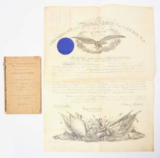 Civil War Era Major Rank Certificate - C. B. Safford: A major rank certificate presented to Charles B. Safford, some information below. Together with an 1864 edition of The Army Paymaster&#39;s Manual. Biography: &quot;Charles B. Safford was born in Gilm