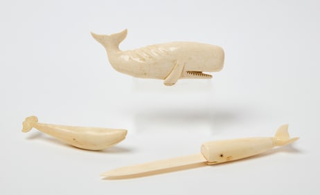 Two Carved Whales and Knife with Whale Handle