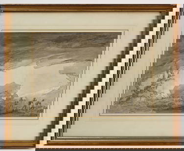 Anthony Devis – Grayscale Watercolor of Hikers: Anthony Devis (1729-1816), grayscale watercolor of hikers. English, circa 1800.Frame: H 20-1/4 in. W 24-3/4 in. Sight: H 11-3/4 in. W 17 in. Condition: No damage noted.Link to high-res