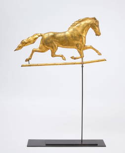 J. Harris & Son Horse Weathervane: Galloping horse weathervane stamped J. Harris & Son, Boston. Full-bodied hollow molded copper with much of the gilt surface intact. American, circa 1870.H (on stand) 48-3/4 in.(Horse only): H