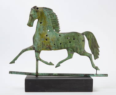 Prancing Horse Weathervane: Prancing horse weathervane. Full-bodied hollow copper with traces of original gilding. On custom wood stand, included as shown. American, early 20th century. Weathervane only: H 19 in. L 27 in. With s