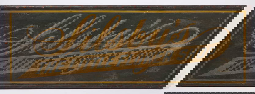 Silsby's 'The Little Flower Shop' Trade Sign: Trade sign for Silsby's, The Little Flower Shop. Single-sided painted wood with copper molded frame face. American, circa 1920.H 21-1/4 in. W 62-3/4 in.Condition: Old fracture running