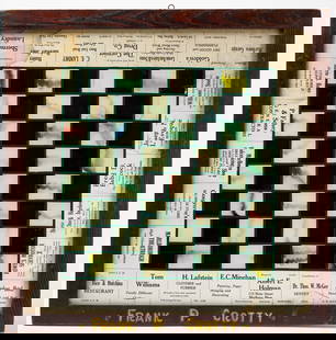 Frank P. Grotty' Glass Game Board with Glass Chess Board: &#39;Frank P. Grotty&#39; game board and chess board. Reverse paint on glass. American, 20th century.&nbsp; 1: H 20 in. W 20 in. 2: H 24-1/2 in. W 24-1/2 in.&nbsp; Condition: Wear commensurate with ag