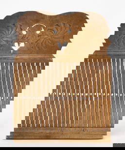 Tape Loom with Heart and Pinwheels: Tape loom with heart and pinwheels. Wood engraved with 59 on one side and M.E.D. on opposing side, dated&nbsp;1859. H: 7-1/4 in. W: 5-1/2 in. Condition: No damage noted. Link to high-res images:&nbsp;