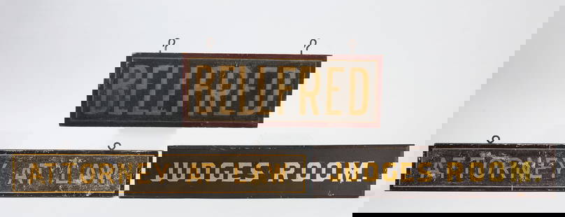 Three Smaltz Signs: Three smaltz backed signs with gilt lettering. &#39;Bellfred&#39;, possibly the name of an old hotel, &#39;Judges Room&#39;, and &#39;Attorney At Law&#39;. Attorney sign is double sided. Two signs wit
