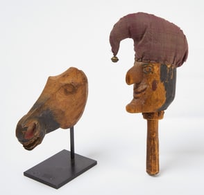 Carved Puppet Head of Punch Together with Carved Horse's Head