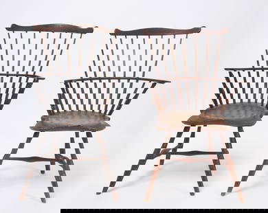 Pair of Fan Back Windsor Chairs: Pair of fan back Windsor armchairs in old black paint. Connecticut,&nbsp;mid to late 18th century. H 36 in. W 24-1/4 in. D 20 in. SH 17-1/2 in. Condition: Surface wear and imperfections. Link to high-