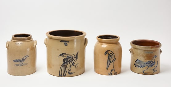 Four Stoneware Crocks with Birds