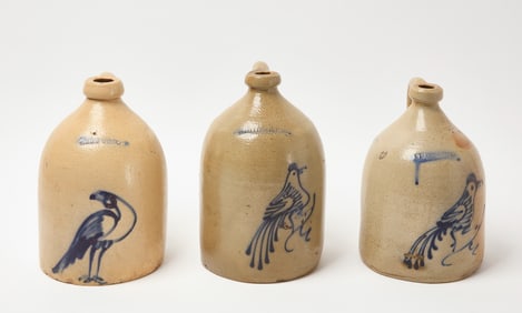 Three Whites Utica Stoneware Jugs with Birds