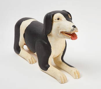 Folk Art Carved Dog: Folk art carved dog. Carved and painted wood. American, circa 1950. H 14-1/2 in L 24 in. Condition: Original condition. No damage or repair noted. Link to high-res images: https://www.dropbox.com/scl/