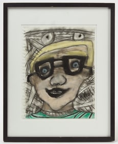 Outsider Art Portrait of a Boy with Glasses, signed 'Dean'