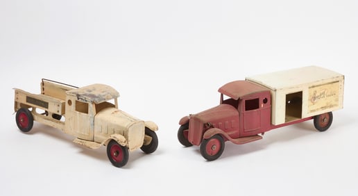 Two Pressed Steel Trucks - Fro Joy Ice Cream and Play Boy Trucking Co.