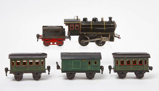 Marklin R1020 Locomotive with Tender and Three Cars: Marklin R1020 locomotive train with coal tender and three covered train cars. Germany, early 20th century. Locomotive only: L 8-1/4 in. Overall (approx): L 29-3/4 in. Condition: Minor surface wear due