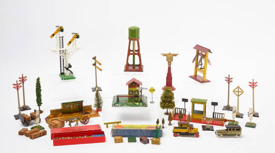 Large Group of Train Set Figures and Accessories: Large group of figures, accessories, trees, etc for German train sets. Some items are lithograph over tin, figures are mostly painted lead. German, first half&nbsp;of 20th century. Condition: Minor su