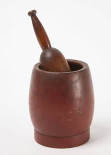Mortar and Pestle in Red Paint: Mortar and pestle. Turned wood in original red paint. American, late 18th century. Mortar: H 7 in. D&nbsp;6-1/4 in. Pestle: H 10 in. D&nbsp;2-1/2 in.&nbsp; Condition: General wear to paint and discolo