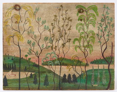 Primitive Landscape with Trees: Primitive landscape with trees. Oil on pine board. American, early 20th century. H 23 in. W 29-3/4 in. Condition: Minor imperfections. Link to high-res images: https://www.dropbox.com/scl/fo/pre
