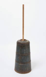 C. Wilder Hingham Mass Painted Butter Churn: Butter churn in old bluegreen paint. American, stamped on base C. Wilder &amp; Son Hingham Mass. Churn only: H 22 in.&nbsp; Including dasher: H 46 in.&nbsp; Condition: Wear commensurate with age and u